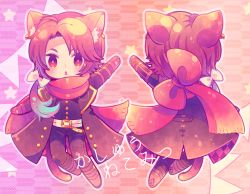 Rule 34 | 10s, 1boy, animal ears, animal hands, armor, cat boy, cat ears, cat paws, cat tail, charm (object), chibi, earrings, japanese armor, jewelry, kashuu kiyomitsu, kote, long hair, male focus, mole, mole under mouth, open mouth, ponytail, red scarf, scarf, solo, tail, touken ranbu, zippo (3756c)