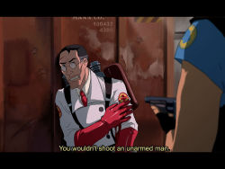 Rule 34 | 2boys, animification, blu heavy (tf2), fake screenshot, glasses, gloves, gun, heavy (tf2), letterboxed, medic (tf2), multiple boys, necktie, red medic (tf2), shotgun, subtitled, team fortress 2, weapon