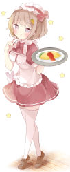 Rule 34 | 1girl, :q, absurdres, apron, bad id, bad pixiv id, blush, brown footwear, brown hair, carrot hair ornament, closed mouth, commentary, food, food-themed hair ornament, frilled apron, frilled hairband, frills, full body, grey eyes, hair ornament, hairband, hand up, hands up, highres, holding, holding tray, loafers, omelet, omurice, original, plate, pleated skirt, puffy short sleeves, puffy sleeves, red hairband, red shirt, red skirt, shirt, shoes, short sleeves, skirt, smile, solo, standing, star (symbol), symbol-only commentary, thighhighs, tongue, tongue out, tray, tsukiyo (skymint), white apron, white background, white thighhighs