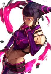 Rule 34 | 1girl, abs, armpits, ass, aura, baggy pants, belt, black hair, blunt bangs, bracelet, breasts, chinese clothes, commentary request, detached sleeves, drill hair, dudou, fingerless gloves, from behind, gloves, halterneck, han juri, hand on own hip, highres, jewelry, medium breasts, muscular, muscular female, nasubin (nasubisamurai15), nose, panties, pants, purple eyes, purple panties, short hair, sideboob, sidelocks, soles, solo, spiked bracelet, spikes, standing, street fighter, street fighter iv (series), toned, underwear