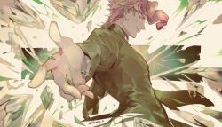 Rule 34 | 1boy, artist name, closed mouth, commentary request, crystal, earrings, floating hair, foreshortening, from side, gakuran, green theme, jewelry, jojo no kimyou na bouken, kakyoin noriaki, light smile, long sleeves, looking at viewer, looking to the side, male focus, outstretched arms, pink eyes, pink hair, school uniform, shards, sideways glance, solo, stardust crusaders, tokima yori, upper body