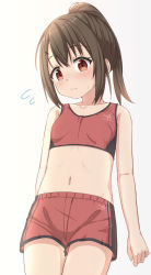 Rule 34 | 1girl, absurdres, bare arms, bare shoulders, blush, breasts, brown eyes, brown hair, closed mouth, collarbone, commentary request, cowboy shot, flying sweatdrops, grey background, hair between eyes, hair ornament, hairclip, highres, looking at viewer, navel, original, ponytail, red shorts, red tank top, short shorts, shorts, simple background, small breasts, solo, sweat, takasuma hiro, tank top