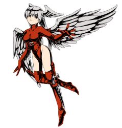 Rule 34 | 1girl, angel wings, belt, boots, breasts, brown eyes, collarbone, colored eyelashes, final fantasy, final fantasy tactics, frown, full body, hair between eyes, head wings, holster, leotard, long hair, red footwear, red leotard, red thighhighs, silver hair, simple background, solo, sword, thigh boots, thighhighs, turtleneck, ultima (fft), weapon, white background, wings