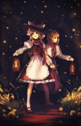 Rule 34 | 2girls, :d, alice margatroid, blonde hair, blue eyes, bow, braid, bug, capelet, female focus, fireflies, firefly, grass, hairband, holding hands, hat, hat bow, highres, holding, bug, juliet sleeves, kirisame marisa, lantern, lolita hairband, long hair, long sleeves, mary janes, multiple girls, night, open mouth, puffy sleeves, shoes, side braid, single braid, smile, socks, standing, touhou, tree, weee (raemz), white legwear, witch hat, yellow eyes