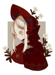 Rule 34 | 1girl, blonde hair, bloodborne, bonnet, bow, bowtie, cloak, closed mouth, collar, colored eyelashes, commentary, doll, english commentary, expressionless, flower, frilled collar, frills, grey eyes, hair flower, hair ornament, half-closed eyes, hat, hat bow, hat flower, highres, hood, hood down, hooded cloak, jewelry, leaf, light blush, littlebluemuffin, pendant, plain doll, red bow, red bowtie, red cloak, red flower, red hat, red rose, rose, short hair, sidelocks, solo, square, upper body, white background, white collar, white flower
