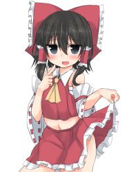 Rule 34 | 1girl, ascot, black eyes, black hair, blush, bow, clothes lift, cowboy shot, detached sleeves, finger to mouth, frilled skirt, frills, golgi hon, hair between eyes, hair bow, hair tubes, hakurei reimu, hand up, highres, lifted by self, looking at viewer, midriff, navel, open mouth, red bow, red skirt, ribbon-trimmed sleeves, ribbon trim, sarashi, short hair, sidelocks, simple background, skirt, skirt lift, smile, solo, standing, stomach, touhou, white background, wide sleeves