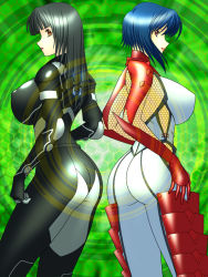 Rule 34 | 2girls, armor, ass, black hair, blue hair, bodysuit, breasts, brown eyes, collar, cosplay, costume switch, covered erect nipples, crossover, ghost in the shell, ghost in the shell stand alone complex, hibana, huge breasts, kunoichi (game), kusanagi motoko, long hair, multiple girls, ninja, nipples, sega, short hair, sideboob, skin tight, spandex, wyvern (w&#039;s lair)
