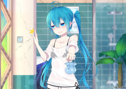 Rule 34 | 1girl, ^^^, absurdres, bag, bathroom, belt, blue eyes, blue hair, blush, bra, breasts, commentary, condensation, crack, cracked wall, crushing, gift, giving, glass wall, hand up, hatsune miku, highres, holding, holding bag, holding gift, hwh666, indoors, jewelry, light switch, looking to the side, mirror, open mouth, outstretched arm, palm tree, pinky ring, plant, potted plant, ring, see-through, see-through shirt, shirt, shower (place), shower head, sink, small breasts, solo, star (symbol), star print, strapless, strapless shirt, tile wall, tiles, tree, underwear, upper body, vocaloid, window fog