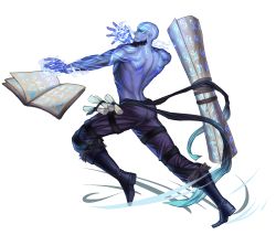 Rule 34 | 1boy, back, bald, beard, black hair, blue eyes, blue skin, book, boots, colored skin, facial hair, full body, highres, indseind, league of legends, male focus, ryze, solo, tattoo, topless male, transparent background