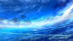 Rule 34 | blue sky, cloud, cloudy sky, commentary, day, english commentary, fisheye, highres, horizon, light particles, no humans, ocean, original, outdoors, reflection, scenery, sky, y y (ysk ygc)