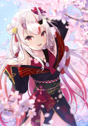 Rule 34 | 1girl, absurdres, bare shoulders, breasts, cherry blossoms, collarbone, commentary request, hair between eyes, hair ornament, highres, hololive, horns, japanese clothes, long hair, looking at viewer, multicolored hair, nakiri ayame, nakiri ayame (1st costume), oni, open mouth, outdoors, red eyes, red hair, saki (saki paint), silver hair, skin-covered horns, smile, solo, streaked hair, virtual youtuber
