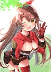 Rule 34 | 1girl, ;d, amber (genshin impact), bad id, bad pixiv id, blush, bow, breasts, brown hair, cleavage, genshin impact, gloves, hair bow, hamico, highres, jacket, long hair, looking at viewer, one eye closed, open clothes, open jacket, open mouth, pouch, red jacket, shorts, smile, solo