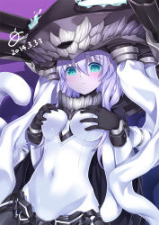 Rule 34 | 10s, 1girl, abyssal ship, bad id, bad pixiv id, blush, bodysuit, grabbing another&#039;s breast, breasts, cape, dated, gloves, grabbing, grabbing own breast, green eyes, green hair, kantai collection, looking at viewer, matching hair/eyes, navel, pale skin, shiratama dango, silver hair, solo, wo-class aircraft carrier