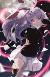 Rule 34 | 1girl, :&lt;, absurdres, animal ears, brown footwear, buttons, closed mouth, eyelashes, finger gun, full moon, glowing, glowing eyes, highres, imperishable night, jacket, loafers, long hair, long sleeves, looking at viewer, moon, pleated skirt, purple hair, rabbit ears, rabbit tail, red eyes, reisen udongein inaba, shoes, skirt, slit pupils, solo, suit jacket, tail, touhou, wheat retzel, white skirt