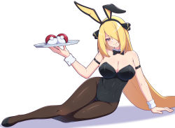 Rule 34 | 1girl, alternate costume, animal ears, arm strap, bare shoulders, black bow, black bowtie, black leotard, blonde hair, bow, bowtie, breasts, brown pantyhose, cleavage, creatures (company), cynthia (pokemon), detached collar, fake animal ears, full body, game freak, grey eyes, hair ornament, hair over one eye, holding, holding tray, large breasts, leotard, looking at viewer, lying, madoka (user zrnk8278), nintendo, on side, pantyhose, playboy bunny, poke ball, poke ball (basic), pokemon, pokemon dppt, rabbit ears, solo, tray, wide hips, wrist cuffs