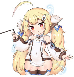 Rule 34 | 1girl, ahoge, azur lane, bailingxiao jiu, bare shoulders, blonde hair, blush, breasts, character name, covered navel, cropped legs, detached sleeves, dowsing rod, dress, eldridge (azur lane), electricity, facial mark, hair ornament, hairclip, holding, long hair, long sleeves, parted lips, puffy long sleeves, puffy sleeves, red eyes, simple background, skindentation, sleeveless, sleeveless dress, sleeves past wrists, small breasts, solo, thighhighs, twintails, very long hair, white background, white dress, white sleeves, white thighhighs