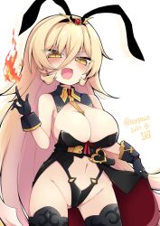 Rule 34 | 1girl, black gloves, blonde hair, blush, breasts, fang, fire, gloves, grey thighhighs, hair between eyes, large breasts, long hair, nijisanji, nui sociere, open mouth, partially fingerless gloves, reku, solo, thighhighs, very long hair, virtual youtuber, yellow eyes