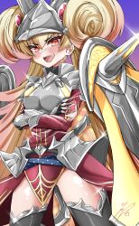 Rule 34 | 1girl, absurdres, armor, blonde hair, breastplate, centur-ion primera, crossed arms, double bun, dress, duel monster, fang, gradient background, hair bun, highres, long hair, orange eyes, pauldrons, red dress, shoulder armor, signature, thighhighs, thighs, twintails, ya-man, yu-gi-oh!