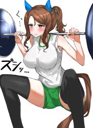 Rule 34 | 1girl, animal ears, barbell, black thighhighs, breasts, brown hair, ear covers, exercising, feet out of frame, green shorts, hair between eyes, high ponytail, highres, horse ears, horse girl, horse tail, king halo (umamusume), kumiyabe, large breasts, orange eyes, ponytail, shorts, sleeveless, solo, sportswear, squatting, tail, thighhighs, thighs, tracen training uniform, umamusume, vest, weightlifting, white vest