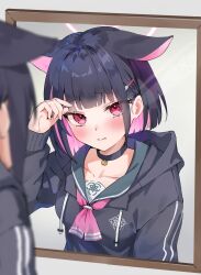 Rule 34 | 1girl, animal ears, black choker, black hair, black jacket, blue archive, blush, breasts, cat ears, cat girl, choker, closed mouth, collarbone, colored inner hair, commentary request, green sailor collar, halo, highres, hood, hooded jacket, jacket, kazusa (blue archive), long sleeves, medium breasts, mirror, mirror image, multicolored hair, nitoron, pink hair, pink halo, red eyes, revision, sailor collar, short hair, solo