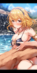 Rule 34 | 1boy, 1girl, armlet, bad anatomy, bad id, bad pixiv id, bare shoulders, belko, bikini, black bikini, blonde hair, blush, breasts, breasts squeezed together, brown eyes, cleavage, clothed female nude male, collarbone, cum, cum on body, cum on breasts, cum on upper body, day, ejaculation, eros (phantom of the kill), hair between eyes, hairband, highres, jewelry, kneeling, large breasts, letterboxed, necklace, nude, outdoors, paizuri, paizuri under clothes, phantom of the kill, short hair, solo focus, sweat, swimsuit, thighs