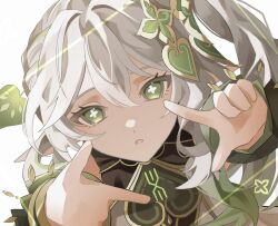 Rule 34 | 1girl, 3lnsy, cross-shaped pupils, detached sleeves, dress, finger frame, genshin impact, green eyes, green hair, grey hair, hair between eyes, hair ornament, highres, looking at viewer, multicolored hair, nahida (genshin impact), parted lips, pointy ears, ponytail, side ponytail, simple background, solo, symbol-shaped pupils, upper body, white hair