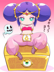 Rule 34 | 1girl, ghost, green eyes, half-closed eyes, harem pants, looking at viewer, midriff, navel, nollety, pandora (youkai watch), pants, purple hair, see-through, sitting, smile, solo, translated, transparent harem pants, treasure chest, youkai (youkai watch), youkai watch, youkai watch 3