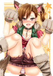 Rule 34 | 1girl, animal ears, animal hands, ass, bad id, bad pixiv id, blush, breasts, brown eyes, brown hair, character name, cleavage, clothes pull, collar, collarbone, commentary request, dog ears, dog tail, ear piercing, fang, futami mami, gloves, idolmaster, idolmaster (classic), inu (marukome), kemonomimi mode, knees together feet apart, open mouth, panties, paw gloves, paw pose, piercing, ponytail, revision, shirt, shorts, shorts pull, sitting, smile, solo, star (symbol), striped clothes, striped panties, tail, underwear