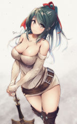 Rule 34 | 1girl, bare shoulders, belt, boots, breasts, brown eyes, cleavage, closed mouth, collarbone, commentary request, dermar, detached sleeves, granblue fantasy, green eyes, hair ribbon, herja, highres, knee boots, large breasts, leaning on weapon, long hair, looking at viewer, ribbed sweater, ribbon, signature, simple background, smile, solo, standing, sweater, thighs, weapon