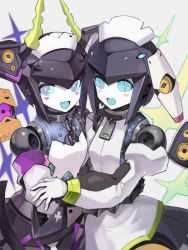 Rule 34 | 2girls, android, blue eyes, blue sclera, blush stickers, colored sclera, colored skin, detached sleeves, dia (world flipper), dress, dual persona, edobox, female focus, horns, joints, looking at viewer, maid headdress, multiple girls, open mouth, robot, robot joints, speaker, white skin, world flipper