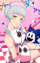 Rule 34 | 1girl, alternate costume, bad id, bad pixiv id, bare shoulders, boots, checkered floor, clipboard, commentary, elizabeth (persona), gloves, grey hair, hat, heart, jack frost (megami tensei), lindaroze, looking at viewer, nurse cap, persona, persona 3, persona q: shadow of the labyrinth, persona q (series), pill, short hair, sitting, smile, wariza, watermark, white hair, yellow eyes