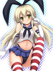 Rule 34 | 10s, 1girl, black panties, blonde hair, crop top, elbow gloves, gloves, hairband, kantai collection, long hair, looking at viewer, microskirt, nagana sayui, navel, panties, pantyshot, personification, sailor collar, shimakaze (kancolle), skirt, solo, striped clothes, striped thighhighs, thighhighs, underwear, upskirt, white gloves