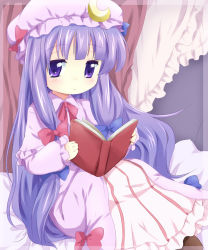Rule 34 | 1girl, bad id, bad pixiv id, blush, book, border, bow, crescent hat ornament, dress, female focus, hat, hat ornament, long hair, maruki (punchiki), open book, patchouli knowledge, pink bow, purple eyes, purple hair, reading, solo, touhou, aged down