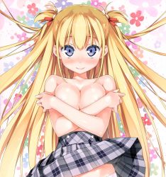 Rule 34 | 1girl, absurdres, alice third macy, blonde hair, blue eyes, blush, breasts squeezed together, breasts, cleavage, clothes lift, covering privates, covering breasts, highres, kantoku, koi suru kanojo no bukiyou na butai, large breasts, long hair, looking at viewer, panties, plaid, plaid skirt, pleated skirt, scan, skirt, skirt lift, smile, solo, topless, two side up, underwear, white panties