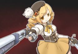 Rule 34 | 10s, 1girl, aiming, aiming at viewer, blonde hair, drill hair, dual wielding, fingerless gloves, foreshortening, gloves, gradient background, gun, hat, holding, long hair, magical girl, magical musket, mahou shoujo madoka magica, mahou shoujo madoka magica (anime), musket, ribbon, rifle, smile, solo, tamute (2580rs), thighhighs, tomoe mami, twin drills, twintails, weapon, yellow eyes