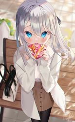 Rule 34 | 1girl, absurdres, bag, bench, black pantyhose, blue eyes, blurry, blurry background, blush, bow, box, brown skirt, commentary request, day, depth of field, feet out of frame, gift, handbag, heart-shaped box, highres, holding, holding gift, jacket, long hair, long sleeves, looking at viewer, miniskirt, open clothes, open jacket, open mouth, orange bow, original, outdoors, pantyhose, park bench, pov, shirt, signature, silver hair, sinobi illust, skirt, solo, standing, valentine, white jacket, white shirt