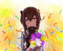 Rule 34 | 10s, 1girl, blush, bouquet, brown hair, confetti, english text, flower, gradient background, happy, happy birthday, happy tears, kantai collection, looking at viewer, ninja neco, smile, solo, taihou (kancolle), tears, translation request