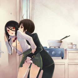 Rule 34 | 1boy, 1girl, against wall, ahoge, bad id, bad pixiv id, black hair, blush, braid, grabbing another&#039;s breast, breasts squeezed together, breasts, brown eyes, brown hair, cooking pot, fingering, flat chest, from behind, gakuran, grabbing, groping, hand in panties, hetero, kitchen, leaning forward, long hair, momoyama nozomu, open clothes, open shirt, original, panties, pussy juice, red eyes, school uniform, shirt, short hair, stove, twin braids, underwear, wet, wet clothes, wet panties