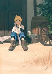 Rule 34 | 1boy, aged down, black shirt, blue eyes, blue shorts, boots, brown footwear, bucket, child, cloud strife, door, final fantasy, final fantasy vii, final fantasy vii remake, full body, grass, hand to own mouth, highres, ho fan, house, layered shirt, looking up, low ponytail, male focus, newspaper, nibelheim, outdoors, shirt, short hair with long locks, shorts, sitting, solo, spiked hair, square enix, wheel, white shirt