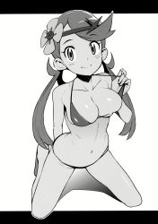 Rule 34 | 1girl, absurdres, barefoot, bikini, blush, breasts, cleavage, creatures (company), dark-skinned female, dark skin, flower, full body, game freak, greyscale, hair flower, hair ornament, halterneck, highres, kneeling, long hair, looking at viewer, mallow (pokemon), medium breasts, monochrome, navel, nintendo, pokemon, pokemon sm, pulling own clothes, shiny skin, simple background, smile, solo, strap pull, swimsuit, tamagoroo, twintails, white background, wide hips