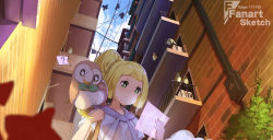 Rule 34 | 1girl, balcony, bird, blonde hair, brick wall, building, closed mouth, cloud, commentary request, creatures (company), day, edgar syu, eyelashes, from below, game freak, gen 1 pokemon, gen 7 pokemon, green eyes, highres, holding, holding strap, lillie (pokemon), looking down, map, nintendo, outdoors, pidgey, pokemon, pokemon (creature), pokemon sm, rowlet, shirt, short sleeves, sky, wall, watermark