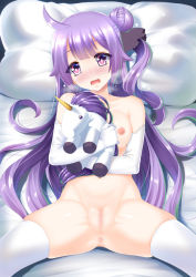 Rule 34 | 1girl, ahoge, anus, azur lane, blush, breasts, bright pupils, butter-t, censored, elbow gloves, gloves, holding, holding stuffed toy, long hair, lying, mosaic censoring, nipples, nose blush, nude, on back, on bed, purple eyes, purple hair, pussy, skindentation, small breasts, solo, spread legs, stuffed animal, stuffed toy, stuffed unicorn, stuffed winged unicorn, sweat, thighhighs, unicorn (azur lane), white gloves, white thighhighs
