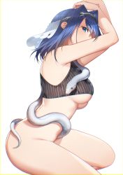 Rule 34 | 1girl, absurdres, arms up, bare arms, bingsardina, blue eyes, blue hair, bottomless, breasts, chain, chain headband, crop top, from side, hair intakes, head chain, highres, holocouncil, hololive, hololive english, jewelry, large breasts, looking at viewer, medium hair, ouro kronii, shirt, sideways glance, simple background, sleeveless, sleeveless shirt, snake, solo, striped clothes, striped shirt, underboob, vertical-striped clothes, vertical-striped shirt, virtual youtuber, white background, white snake