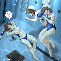 Rule 34 | 1boy, 2girls, ?, air bubble, arms behind head, artist name, blue male swimwear, blue swim briefs, blush, breasts, breath, brown eyes, brown hair, bubble, bulge, camera, competition swimsuit, foxeye, foxeye fox, freediving, goggles, holding breath, lying, male swimwear, multiple girls, on back, one-piece swimsuit, open mouth, original, pool, pool ladder, short hair, signature, stopwatch, swim briefs, swim cap, swimming, swimsuit, thought bubble, underwater, watch
