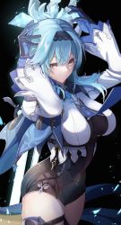 Rule 34 | 1girl, absurdres, arms up, asymmetrical hair, black gloves, black hairband, black leotard, blue gloves, blue hair, blue necktie, breasts, closed mouth, cowboy shot, crystal sword, eula (genshin impact), from side, genshin impact, gloves, hairband, highres, ice, large breasts, leotard, long sleeves, megu (pixiv9460065), necktie, shirt, solo, sword, thighs, two-tone gloves, weapon, weapon on back, white shirt, yellow eyes