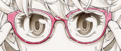 Rule 34 | 1girl, adjusting eyewear, close-up, commentary request, eye focus, glasses, hashtag-only commentary, highres, looking at viewer, original, pink-framed eyewear, satsuki mikazu, sepia, solo, spot color, straight-on