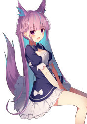 Rule 34 | 1girl, animal ear fluff, animal ears, between legs, blue dress, blue hair, bow, braid, breasts, cleavage, colored inner hair, commentary request, dress, extra ears, fang, gin00, hand between legs, highres, hololive, kemonomimi mode, lifted by tail, long hair, looking at viewer, medium breasts, minato aqua, minato aqua (1st costume), multicolored hair, open mouth, pink hair, puffy short sleeves, puffy sleeves, red eyes, short sleeves, sidelocks, simple background, sitting, solo, tail, tail raised, two-tone hair, very long hair, virtual youtuber, white background, white bow