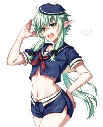 Rule 34 | 1girl, :d, alternate costume, black headwear, black shorts, cowboy shot, goblin slayer!, green hair, hair between eyes, hand up, high elf archer (goblin slayer!), highres, kankitukou, long hair, midriff, navel, open mouth, pointy ears, short shorts, short sleeves, shorts, simple background, smile, solo, stomach, teeth, upper teeth only, white background