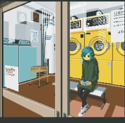 Rule 34 | 1girl, animated, animated gif, black pantyhose, blue eyes, blue hair, book, green hoodie, holding, holding book, hood, hoodie, indoors, letterboxed, motocross saito, nike (company), original, pantyhose, pixel art, reading, shoes, short hair, sneakers, solo, top-load washing machine, washing machine, white footwear