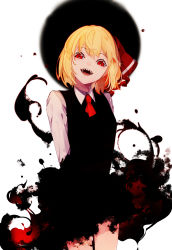 Rule 34 | 1girl, absurdres, arms behind back, ascot, bad id, bad pixiv id, black dress, blonde hair, blouse, bow, collared shirt, cowboy shot, darkness, dress, eclipse, hair bow, hair ribbon, highres, is that so, long sleeves, looking down, neck ribbon, open mouth, outstretched arms, red bow, red eyes, red ribbon, ribbon, rumia, sharp teeth, shirt, short hair, simple background, smile, solo, teeth, touhou, umbrakinesis, white background, white shirt, wing collar, yonemuro